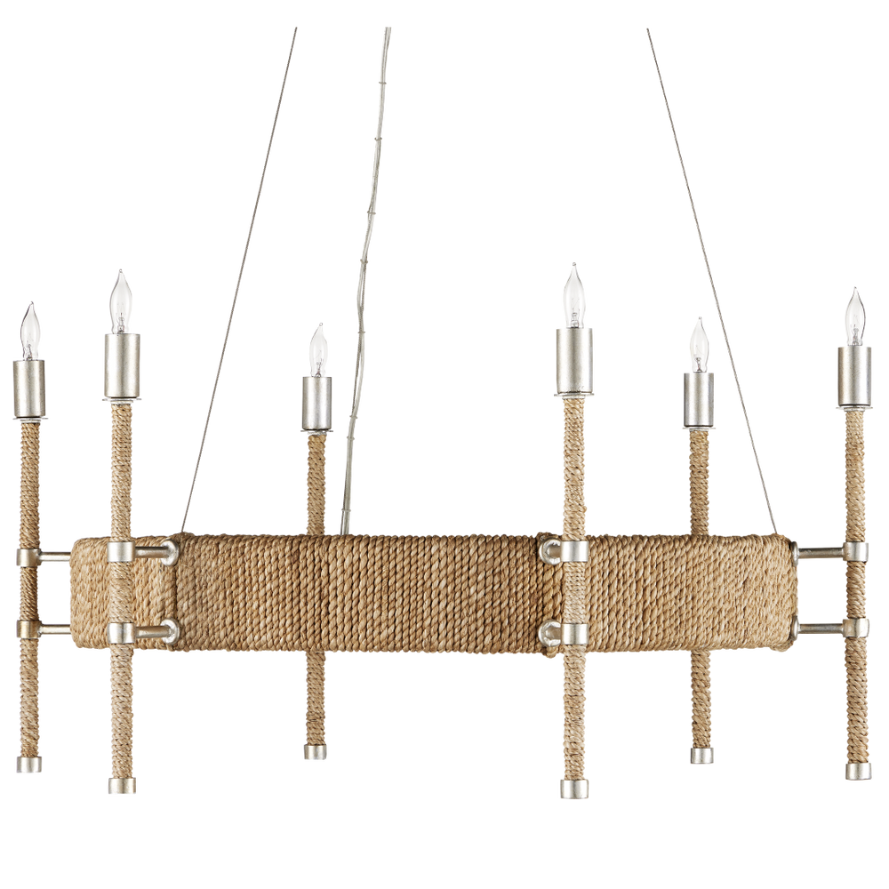 Monzie Chandelier - Contemporary Silver Leaf Design with Warm Rope Accents, Adjustable Height Fixture