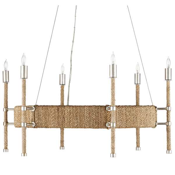 Monzie Chandelier - Contemporary Silver Leaf Design with Warm Rope Accents, Adjustable Height Fixture