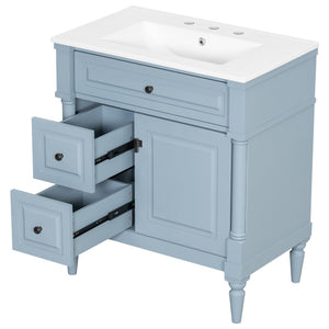 English Elm 30" Freestanding Bathroom Vanity Rubberwood Frame Ceramic Sink Flip Drawer Storage Blue+Grey N725P356062E