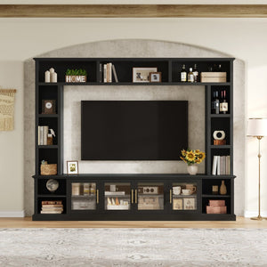 English Elm Entertainment Wall Unit with Glass Doors Open Shelving Mdf Living Room Storage Black N710S688100B