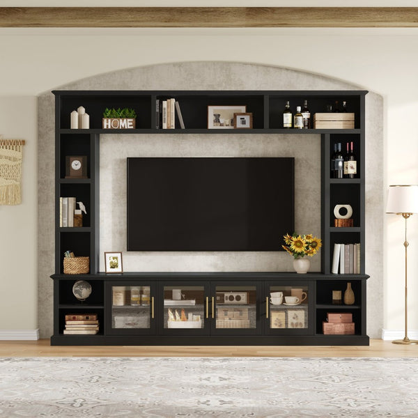 English Elm Entertainment Wall Unit with Glass Doors Open Shelving Mdf Living Room Storage Black N710S688100B