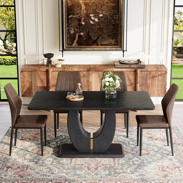 English Elm One 5 Piece Dining Set 63 Inch Table Dark Wood Grain Top with Brown Fabric Chairs W1151S04437