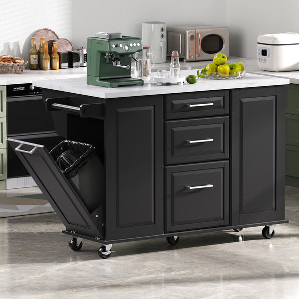 English Elm K&K Vintage Convex Kitchen Island Cart with Faux Marble Top, Tilt Trash, Pull-Out Organizer, Wheels Black N707P299008B
