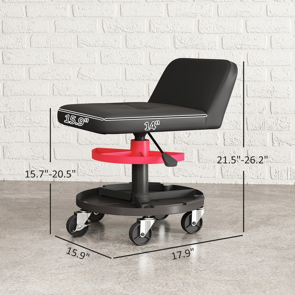English Elm Rolling Mechanic Garage Stool with Pneumatic Lift Dual Trays and Lumbar Support T3971P412566