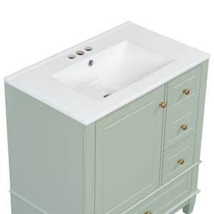English Elm Christopher Knight Home® - 30" Freestanding Bathroom Vanity with Ceramic Sink, Soft-Close Door, Gold Knobs & 3 Drawers, Durable Painted Finish Light Green N759P225994G