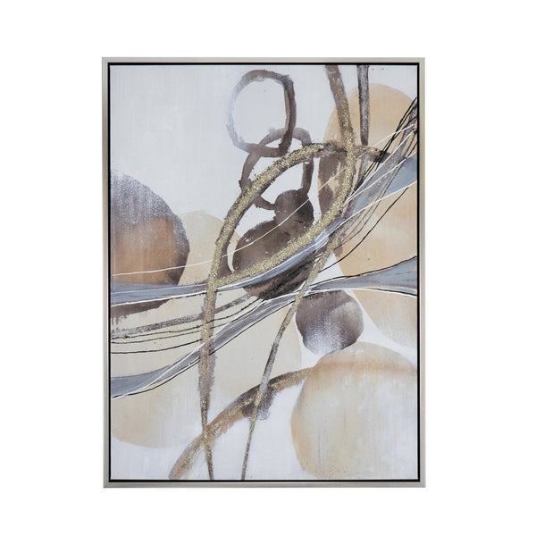 English Elm 35.4x47.2x1.5" Hand-Stretched Abstract Watercolor-Oil Painting on Silver Frame, River Rocks Accent Art—Neutral Blues & Browns for Modern Interiors W2078P313346