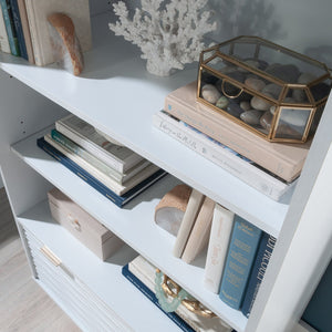 English Elm Bookcase With Drawer - Elegant White Finish, Gold Accents, Adjustable Shelves & Compact Design For Storage B356P402657