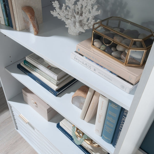 English Elm Bookcase With Drawer - Elegant White Finish, Gold Accents, Adjustable Shelves & Compact Design For Storage B356P402657