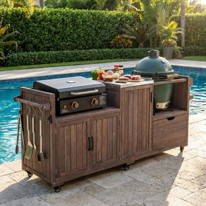English Elm K&k 80.5 Inch Outdoor Kitchen Island Solid Fir Wood Stainless Steel Grill Cart Station Brown N707P392140Z