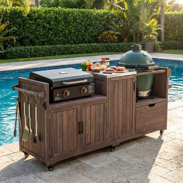 English Elm K&k 80.5 Inch Outdoor Kitchen Island Solid Fir Wood Stainless Steel Grill Cart Station Brown N707P392140Z