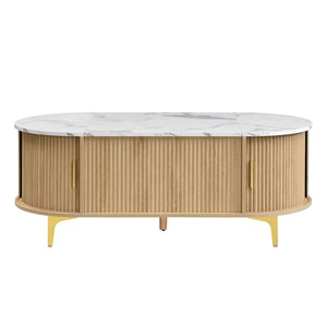 English Elm Modern Mid-century Coffee Table Tambour Doors Open Shelves Warm Wood Living Room Gold,Natural,White N770P333549N