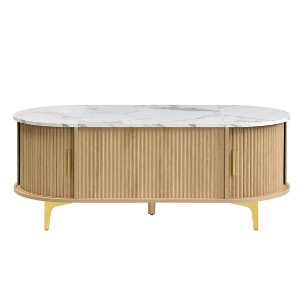 English Elm Modern Mid-century Coffee Table Tambour Doors Open Shelves Warm Wood Living Room Gold,Natural,White N770P333549N