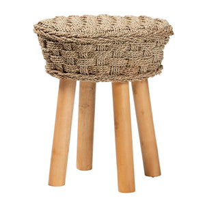 English Elm Modern Woven Seagrass Acacia Wood Stool Bohemian Accent for Living Spaces B2750P467716