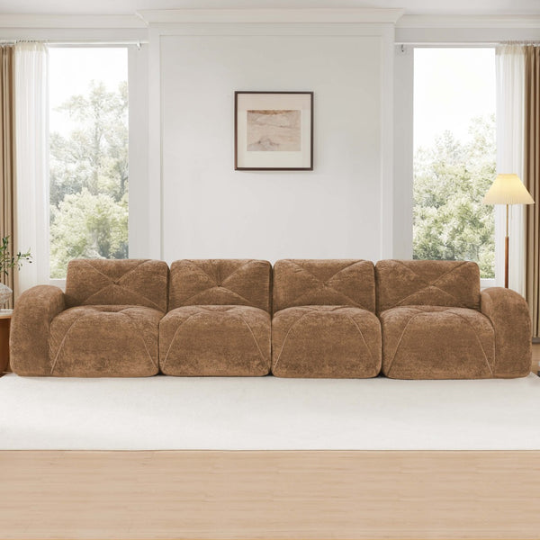 English Elm 140''soft Velvet Modular Cloud Sofa Tufted Plush Seating for Living Room or Home Theater Camel W714S01600