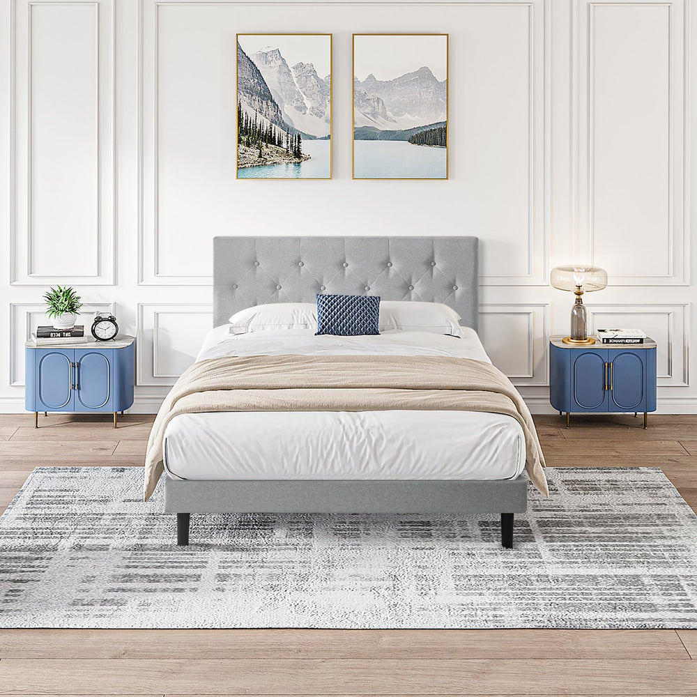 English Elm Queen Upholstered Platform Bed Frame with Button Tufted Linen Headboard, No Box Spring, 600LB Limit, Grey W311P197752