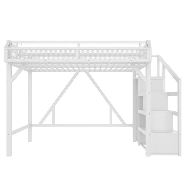 English Elm Full Xl Over Twin Triple Metal Bunk Bed with Storage Stairs and Shelves Black White W1580S00408