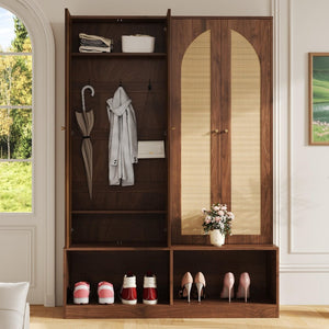 English Elm Rattan Door Hall Tree Bench with 6 Hooks Farmhouse Entryway Storage N721S000074D