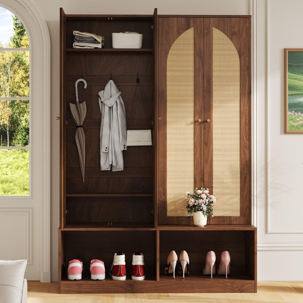 English Elm Rattan Door Hall Tree Bench with 6 Hooks Farmhouse Entryway Storage N721S000074D