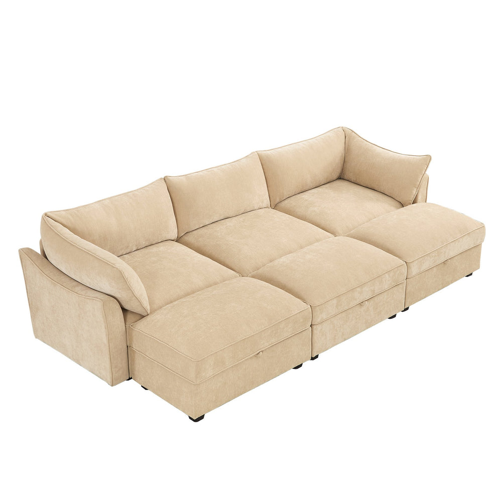 English Elm 3-Seater Sofa Set With Footstools And Pull-Out Drawers, Cozy Chenille Upholstery In Wheat Color W3041S00178