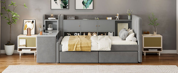 English Elm Twin Upholstered Daybed with Velvet Finish, High Back Shelves, Flip Cabinets, Drawers & Side Table Gray SF000196AAE