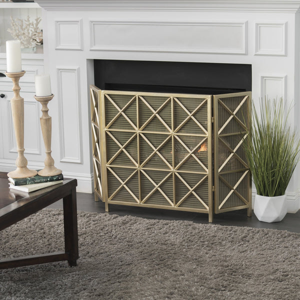 English Elm Christopher Knight Home® - FIRE Margaret 3-Panel Iron Fireplace Screen – Rose Gold/Black/Gold X-Pattern, Spark & Soot Shielding 61131.00