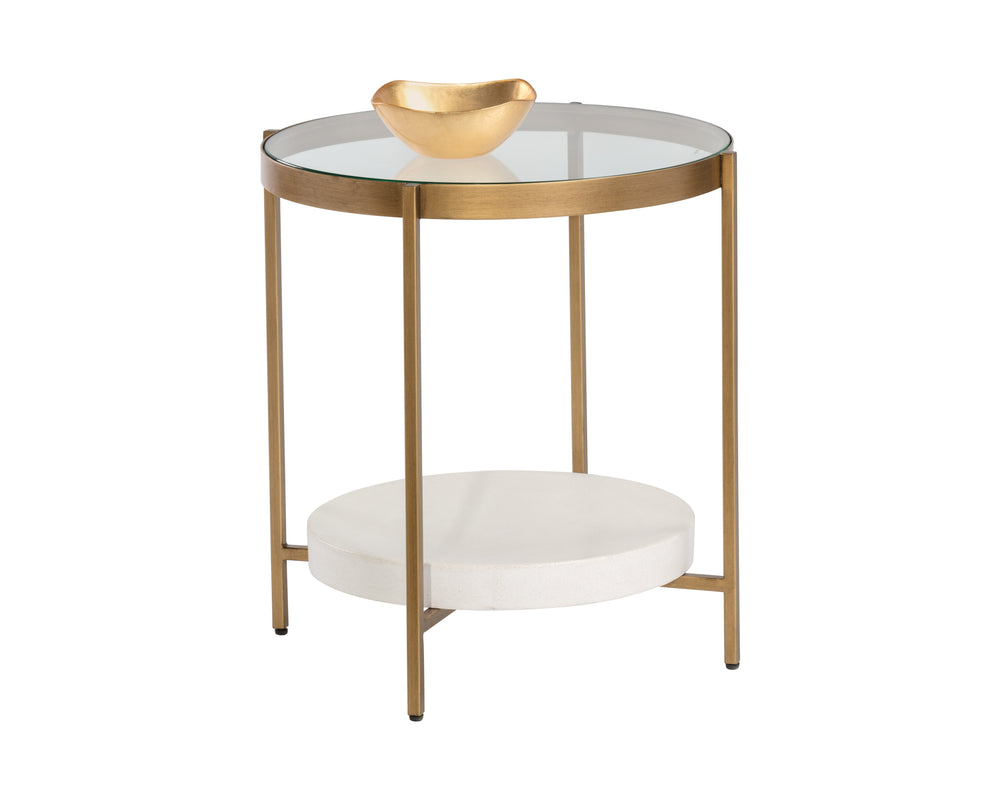 Sunpan Gia Side Table - Elegant Round Glass Top with Unique Concrete Shelf & Antique Brass Frame, 23.75"H