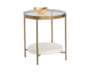 Sunpan Gia Side Table - Elegant Round Glass Top with Unique Concrete Shelf & Antique Brass Frame, 23.75"H