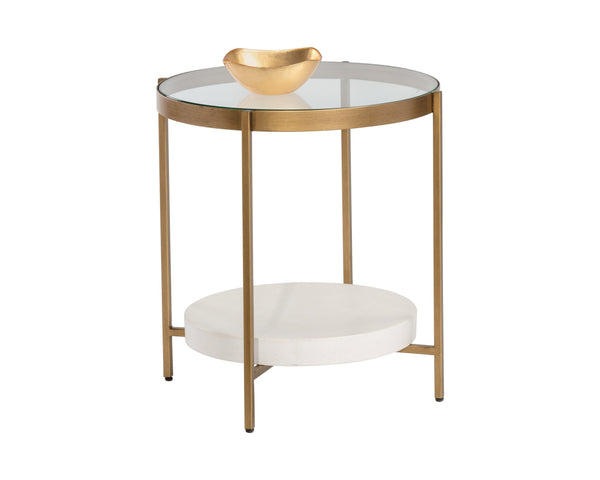 Sunpan Gia Side Table - Elegant Round Glass Top with Unique Concrete Shelf & Antique Brass Frame, 23.75"H