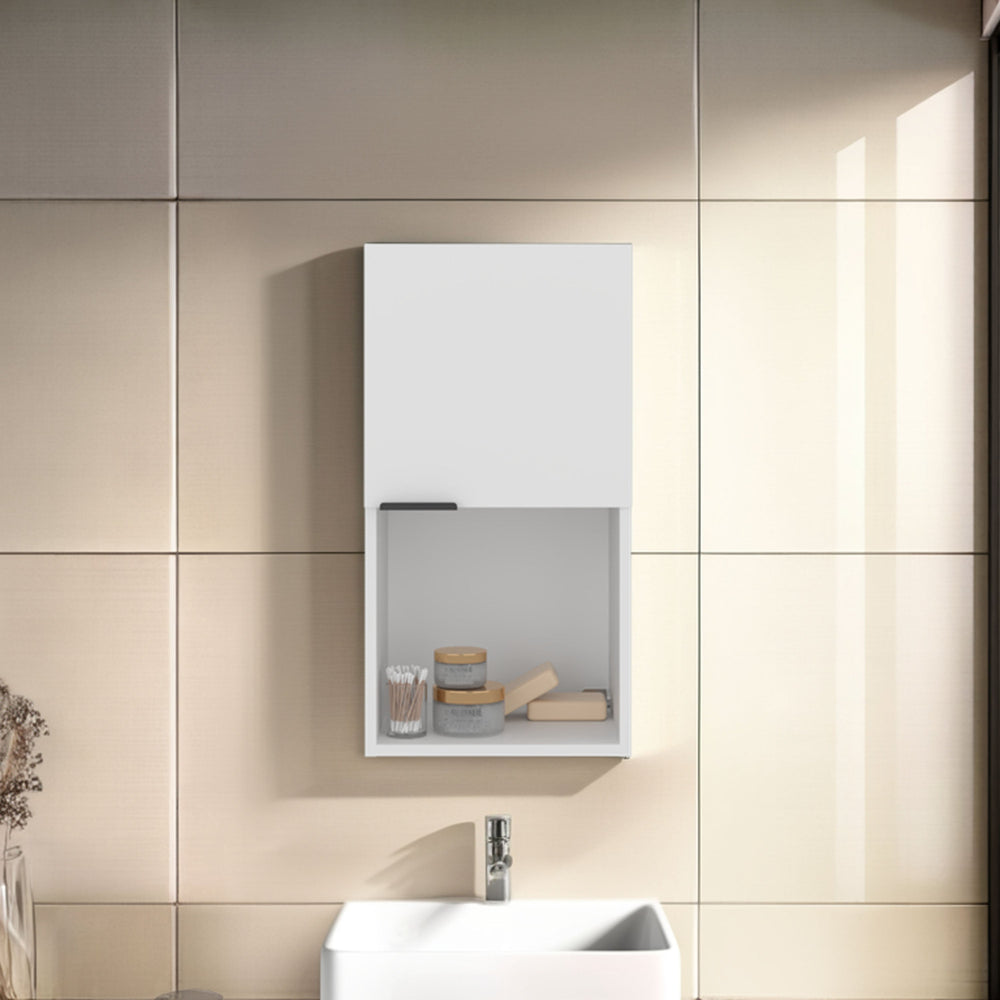 English Elm White Wall-Mounted Medicine Cabinet with Concealed Storage and Open Shelf for Organized Bathrooms B062P389908