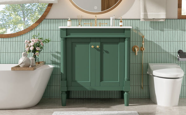 English Elm 30" French Style Bathroom Vanity with Ceramic Basin Soft Close Doors Wood Legs Green N710P415327F