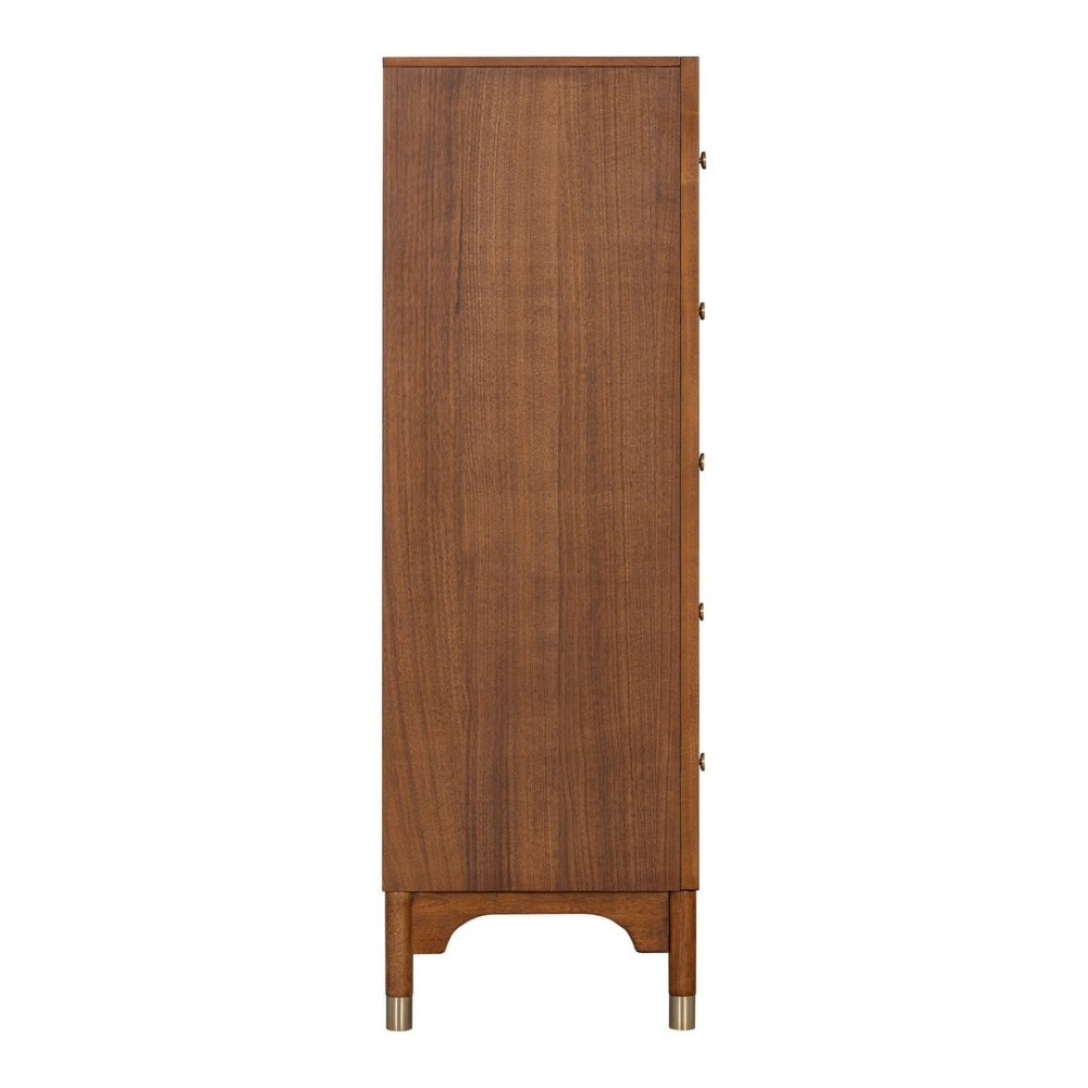 English Elm 1pc Walnut Tall Chest Five Drawers Gold-capped Legs Mid-century Bedroom Storage B2741P446675