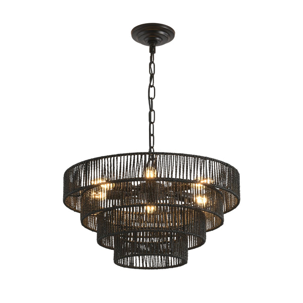 English Elm 20" Rustic 4-Tier Black Hemp Rope Chandelier – Handmade Boho Pendant Light, 6 E12 Sockets, Adjustable Height W1340P241298
