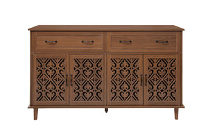 English Elm 4 Door Sideboard Buffet with Hand Carved Geometric Panels Black Oak Finish Raised Legs W688P359947