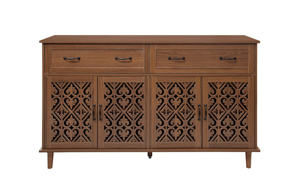 English Elm 4 Door Sideboard Buffet with Hand Carved Geometric Panels Black Oak Finish Raised Legs W688P359947