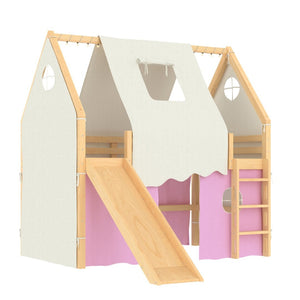 English Elm Full Size Pine Loft Bed with Slide Tent Panels Led Lights and Play Space Below W1580S00291