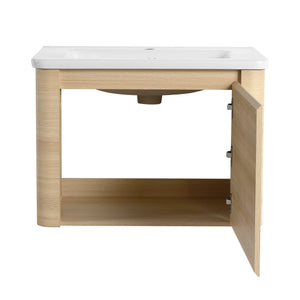 English Elm 68'' Wall-Mounted Vanity with White Ceramic Sink, Plywood Shelves, Soft-Close Door, Rounded Edge Design and Water-Resistant Melamine Finish W999S00484