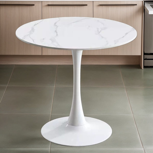 English Elm Marble Round Kitchen Table with MDF Top & Steel Tulip Base — Modern 24" Durable Easy-Clean Design W2641P300028