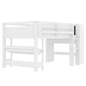 English Elm Twin Low Loft Bed Solid Pine Frame Kids Study Desk Blackboard Storage White W1580S00297