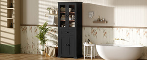 English Elm 67.2" Tall Bathroom Storage Cabinet with Tempered Glass Doors, Adjustable Shelves, Soft-Close Hinges and Anti-Tip Safety Black N729P310006B