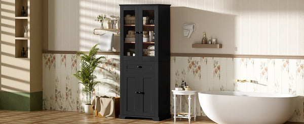 English Elm 67.2" Tall Bathroom Storage Cabinet with Tempered Glass Doors, Adjustable Shelves, Soft-Close Hinges and Anti-Tip Safety Black N729P310006B