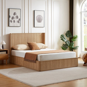 English Elm Natural Fluted Wood Platform Bed Minimalist Queen Frame with Tall Curved Headboard Oak W5219S00004