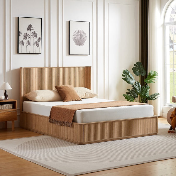 English Elm Natural Fluted Wood Platform Bed Minimalist Queen Frame with Tall Curved Headboard Oak W5219S00004