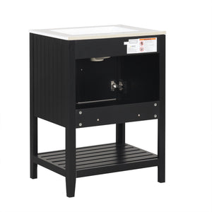 English Elm 24" Modern Sleek Bathroom Vanity with Ceramic Sink, Solid Wood Frame, Waterproof Finish and Open Shelf Storage Black N725P246473B