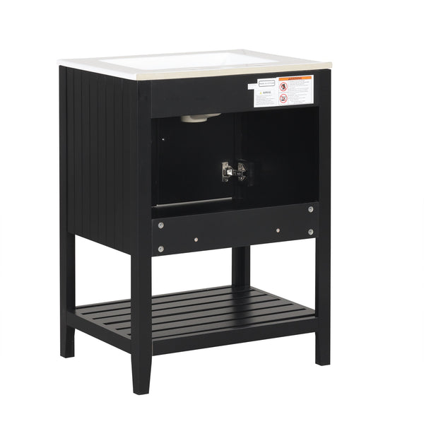 English Elm 24" Modern Sleek Bathroom Vanity with Ceramic Sink, Solid Wood Frame, Waterproof Finish and Open Shelf Storage Black N725P246473B