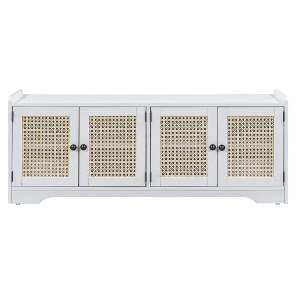 English Elm TREXM Rustic Storage Bench with Woven Rattan Doors, Removable Cushion & Adjustable Shelves for Entryway Home Organizing Beige,White N715P308013K