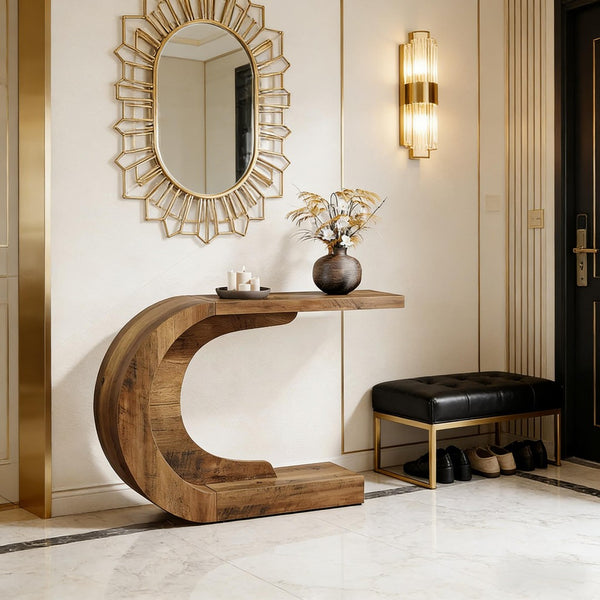 English Elm Contemporary Wave Silhouette Console Table Slim Engineered Wood Entryway Accent T3971P448043
