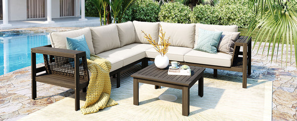 English Elm GO 4 Pieces Outdoor Acacia Wood Sofa Set with Removable Cushions, Woven Armrests & Coffee Table Beige,Grayish Brown N704G201249A