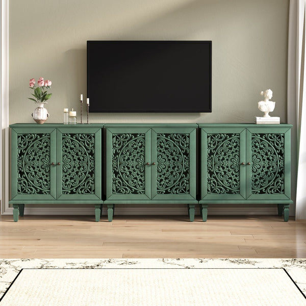 English Elm Vintage Hollow-Carved Accent Cabinet with Floral Motif, 2-Door Sideboard, Adjustable Shelf, Solid Wood Legs Antique Green W1445P384720