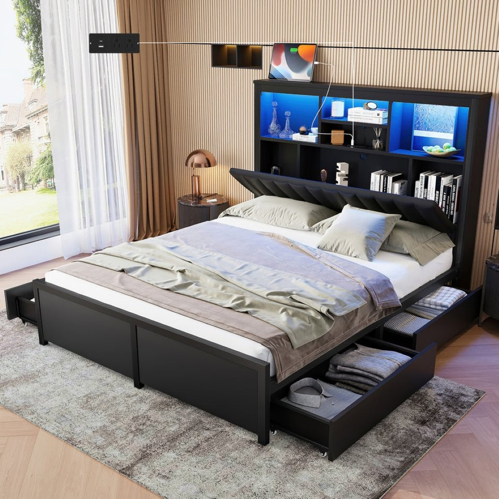 English Elm Queen Storage Bed Frame with Led Lighting Charging Station and Four Under Drawers W1670S00031