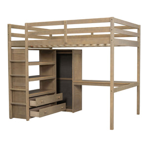 English Elm Wood Full Size Loft Bed with Built-In Desk, Wardrobe, Shelves & Drawers for Space-Saving Rooms Walnut GX000466AAD